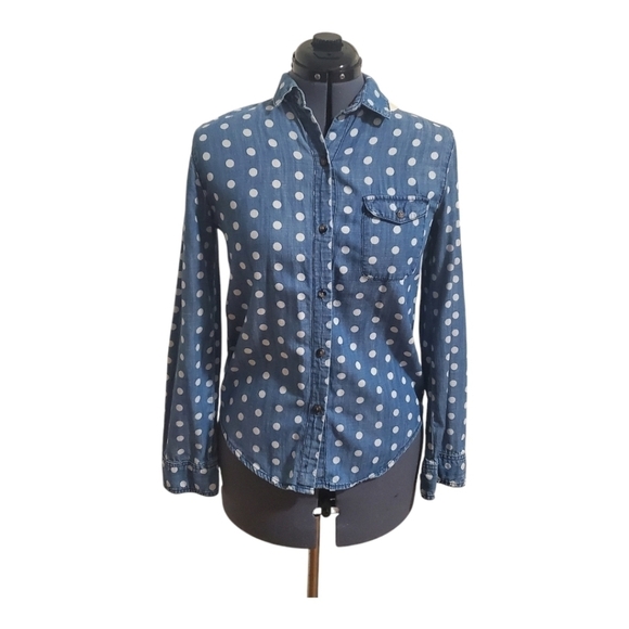 BDG Polka Dot Denim Button Down Shirt Blue and White Size S - Picture 2 of 9